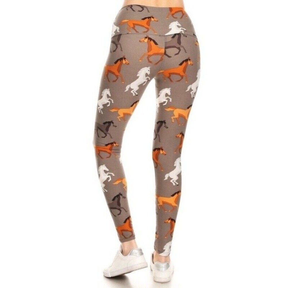 Reg One Size Womens 5-inch Long Yoga Style Banded Lined Horses Printed Knit Legg - Picture 3 of 4